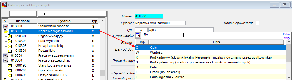 Fragment okna Definicja struktury danych - Okno wyboru typu danej Fragment okna Definicja struktury danych - Okno wyboru typu danej