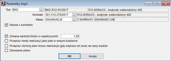 Parametry kopii budżetu kosztów ogólnych Parametry kopii budżetu kosztów ogólnych