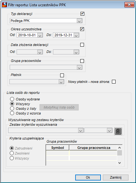 Okno uruchomienia raportu Lista uczestników PPK