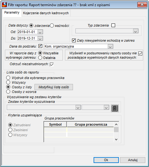 Zakładka Parametry raportu Monitoring terminów