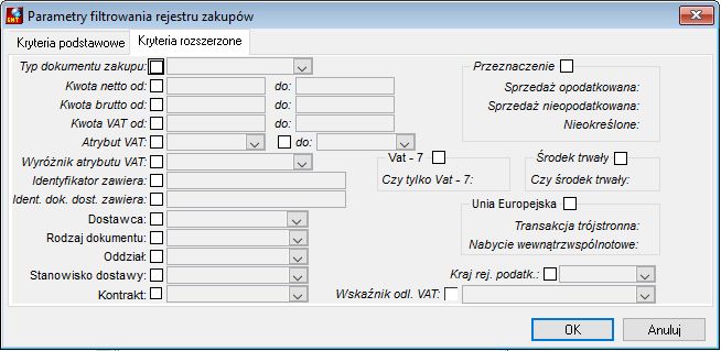 Parametry filtrowania rejestru zakupów – kryteria rozszerzone