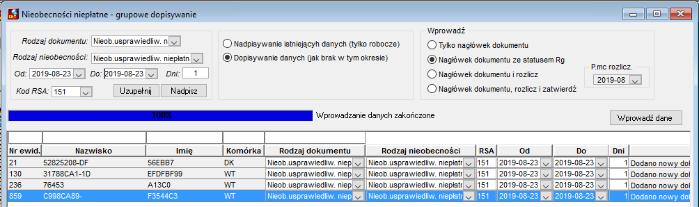 Okno grupowego dodawania nieobecności niepłatnych Okno grupowego dodawania nieobecności niepłatnych