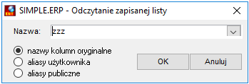 Okienko odczytu zapisanej listy kolumn