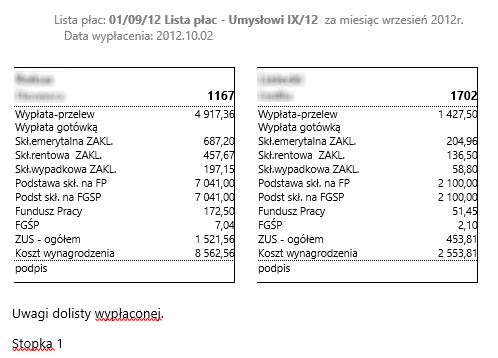 Raport Lista płac paski pionowe z polem UWAGI