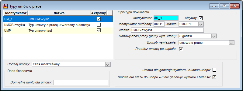 Okno definiowania typów umów o pracę Okno definiowania typów umów o pracę