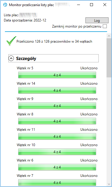 Monitor przeliczania listy płac po zakończeniu przeliczania