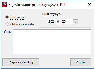 Okno rejestrowania pisemnej wysyłki PIT