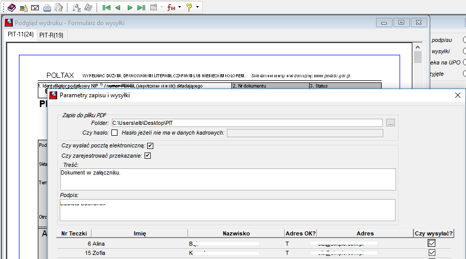 Fragment okna Parametry zapisu i wysyłki PIT w formacie PDF