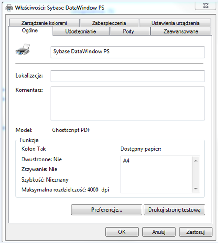 Dodawanie drukarki Sybase DataWindow PS