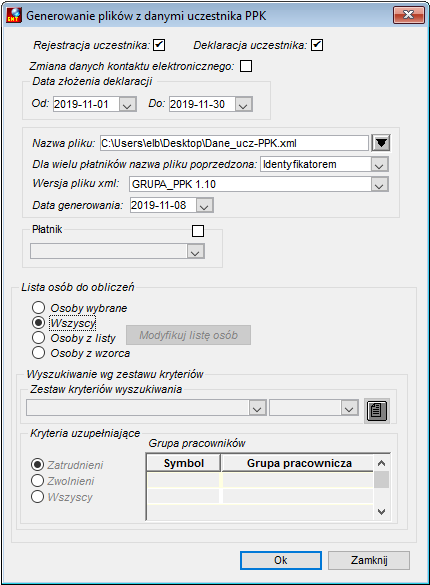 Okno generowania pliku z danymi uczestników PPK