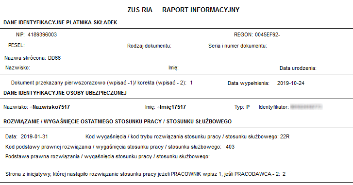 Przykładowy raport Informacje przekazywane do płatnika ZUS RIA