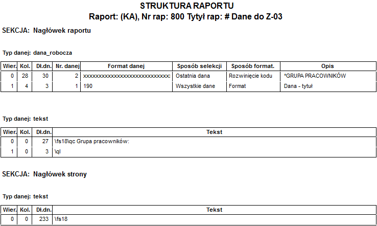 Podgląd okna wydruku struktury raportu wg obiektów orientacja pionowa