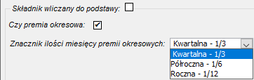 Edycja składników płacowych w trybie nadzorowanym->Obsługa ZUS->definiowanie składnika płacowego względem zasiłków ZUS->Składnik nie wchodzący do podstawy z włączoną flagą premii okresowych