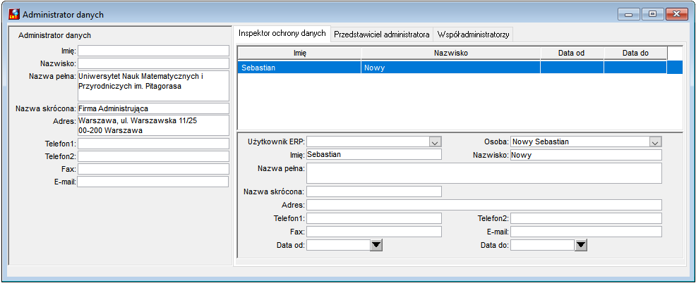 Okno edycji administatora danych Okno edycji administatora danych