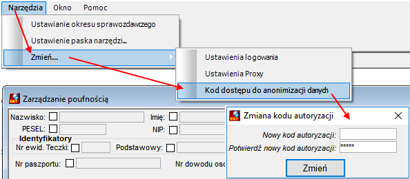 Fragment okna Zarządzanie poufnością - wywołanie okienka zmiany kodu autoryzacji anonimizacji danych Fragment okna Zarządzanie poufnością - wywołanie okienka zmiany kodu autoryzacji anonimizacji danych