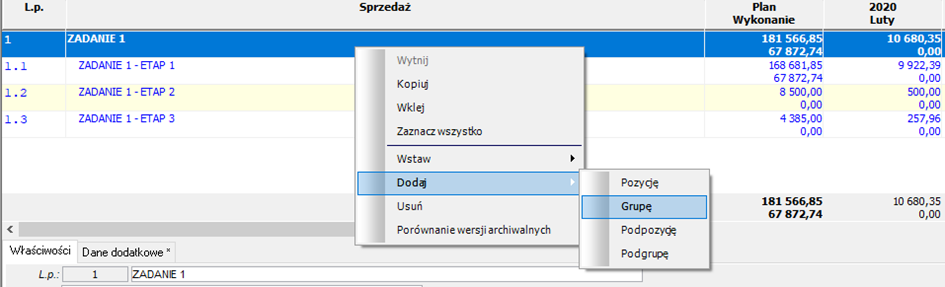 Harmonogram sprzedaży – podział na grupy i podgrupy