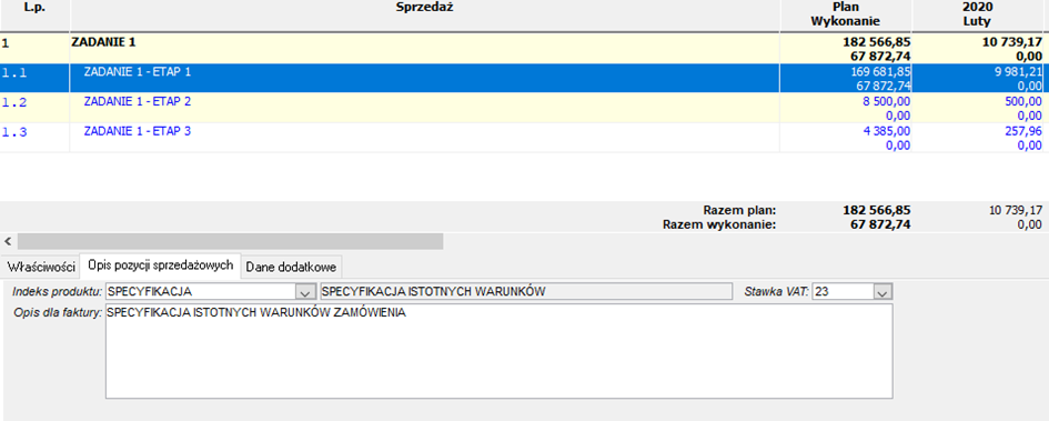 Harmonogram sprzedaży – opis pozycji sprzedażowych